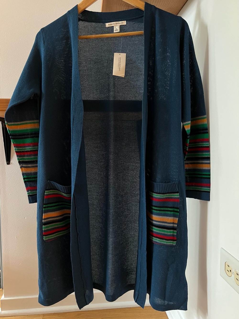 Banana Republic Teal-Blue Open-Front Cardigan with Multicolor Stripe Sleeves